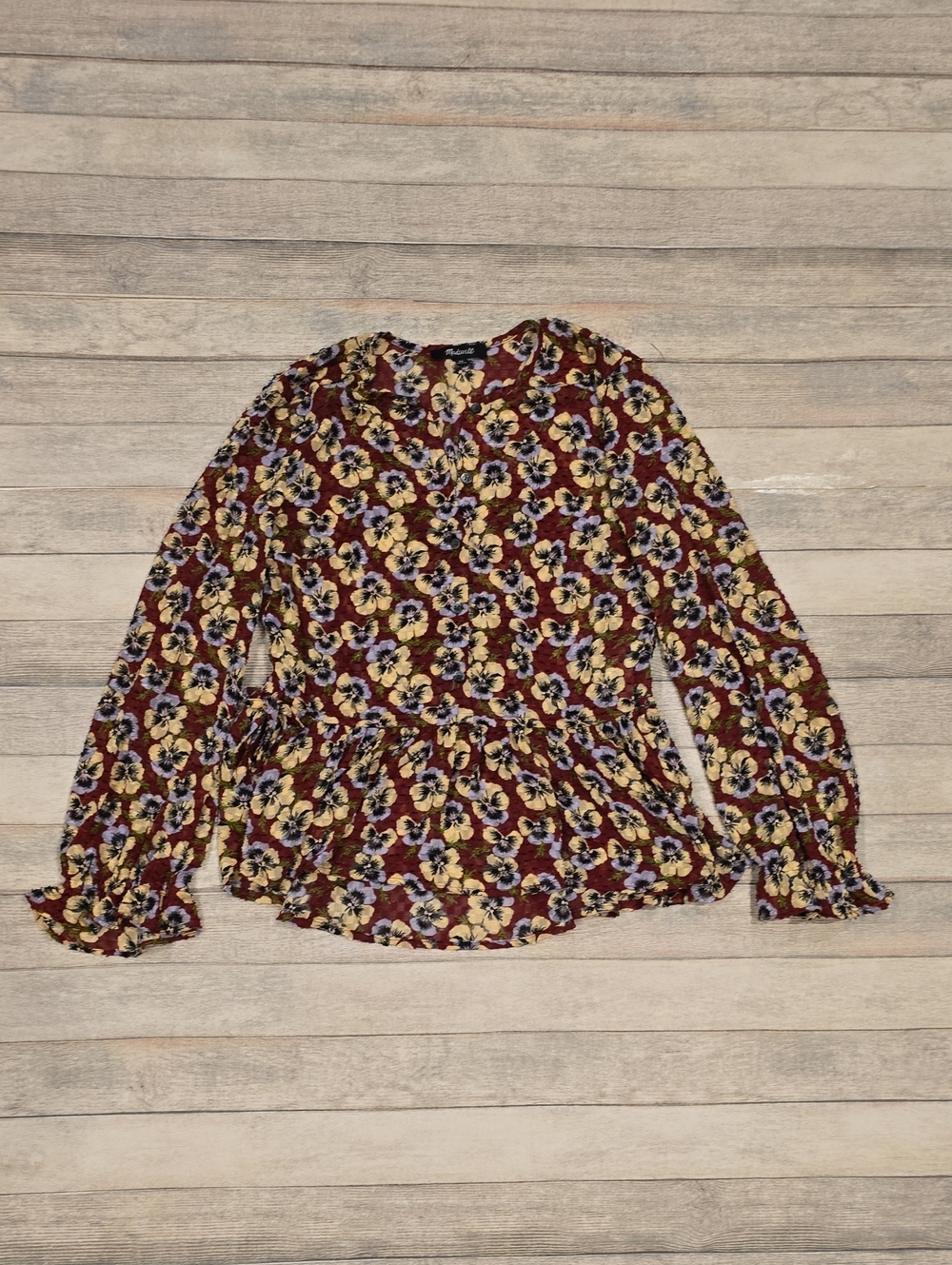 Madewell Drawstring Ruffle-Hem Top in Viola Floral Size XS Cuffed Sleeve